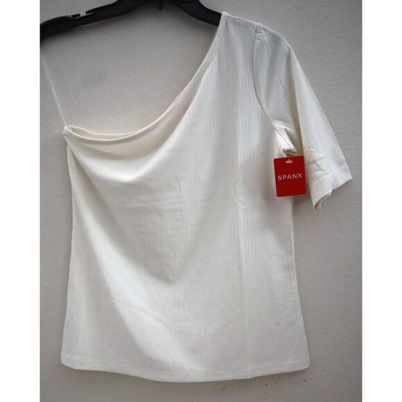 Spanx 21007R Women's Sz Medium Powder White Ribbed One Shoulder Top - Picture 1 of 7